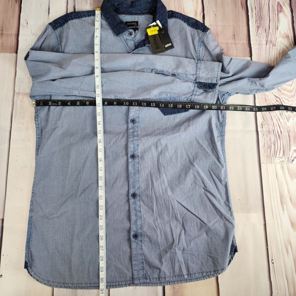 Buffalo David Bitton Mens L SASTUQ-X Blue Denim Look Btn Up Shirt Slim‎ Stretch - Picture 8 of 8